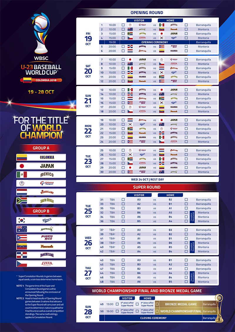 Calendario Oficial del Campeonato Mundial de Béisbol Sub 23