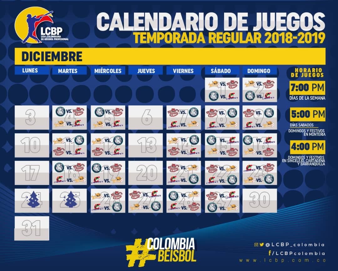 Calendario Oficial Liga Colombiana de Béisbol Profesional 2018 2019