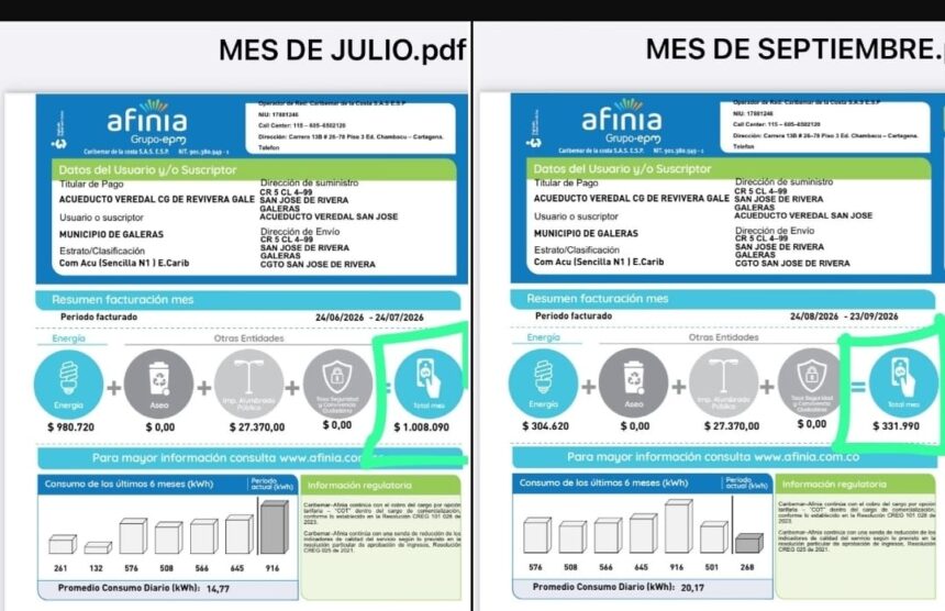 Comparativa de los recibos de julio y septiembre.